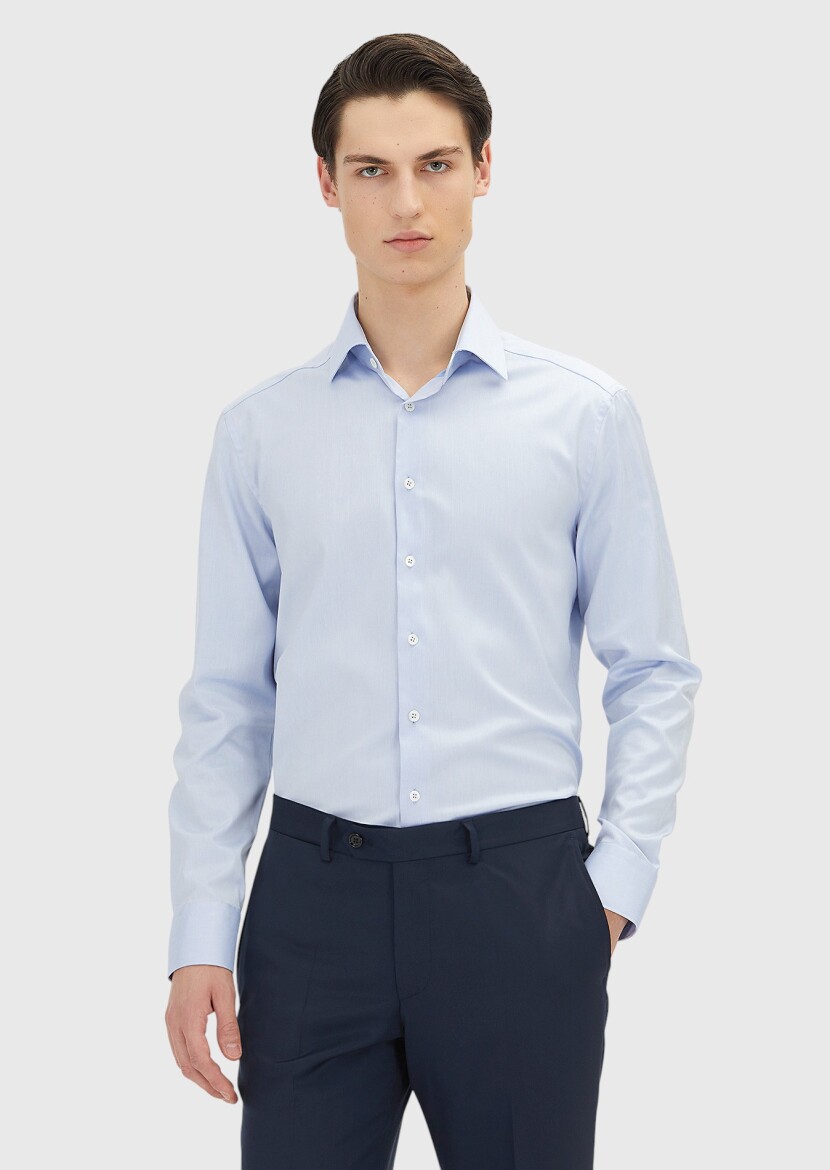 Açık Mavi Regular Fit Ütü İstemeyen Dokuma Klasik %100 Pamuk Gömlek